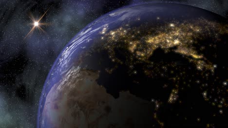 el planeta tierra en el espacio mientras cae la noche sobre europa y américa del norte y las luces de la ciudad se encienden