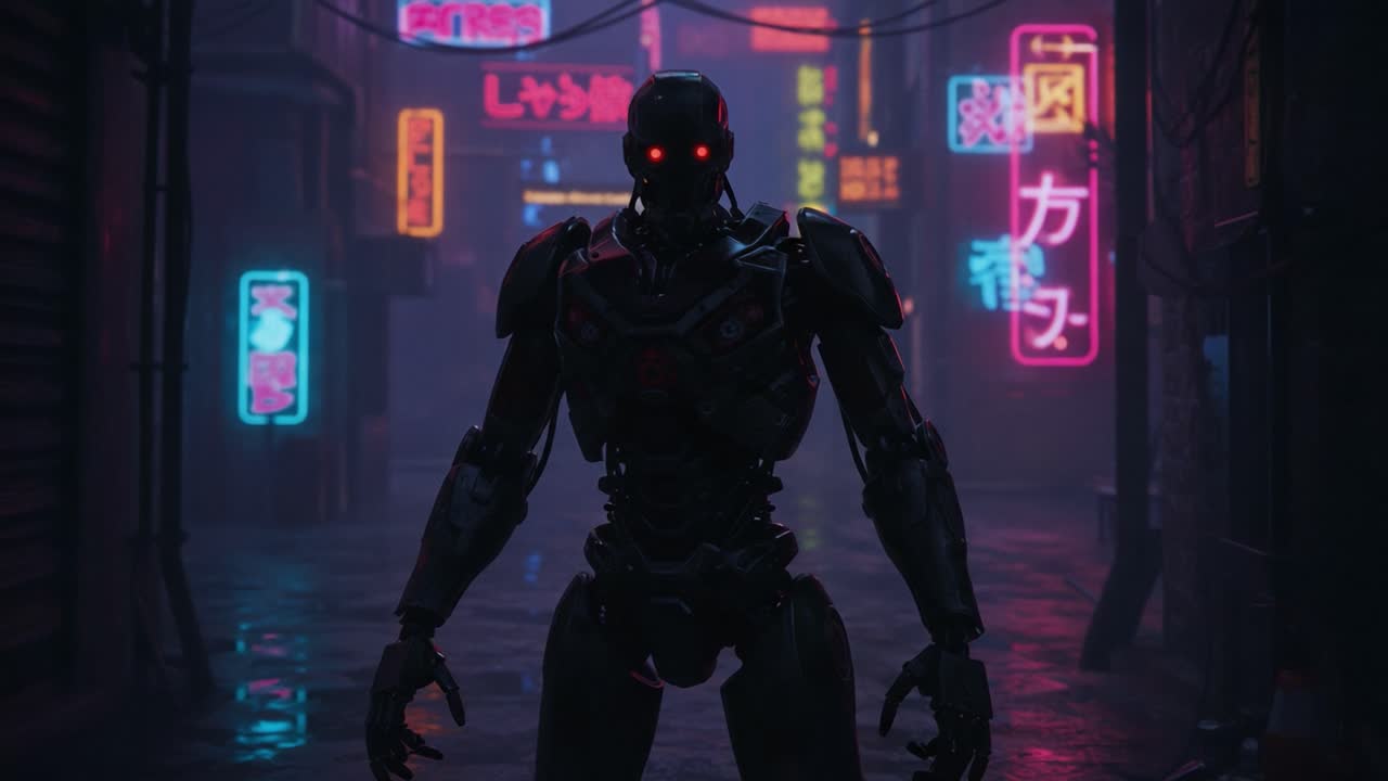 Una figura robotica futuristica si erge in modo deciso in un ambiente urbano illuminato al neon, circondata da insegne luminose e strade bagnate dalla pioggia che si riflettono, evocando un senso di tecnologia avanzata e mistero