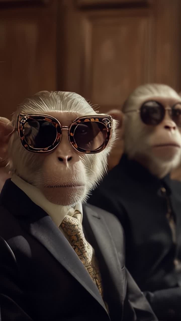 Stylishly Dressed Monkeys in Sunglasses Attending a Formal Meeting in an Elegant Wooden Room, Exuding Sophistication and Charm