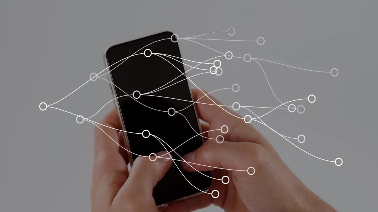 카우카시안 남자의 손을 통해 스마트폰을 사용하여 복사 공간을 사용하는 연결의 애니메이션