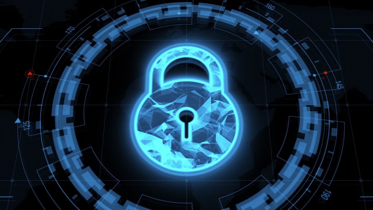 motion graphic van blauwe beveiligingssleutel met head up display ( hud ui ) technologie interface en futuristische elementen