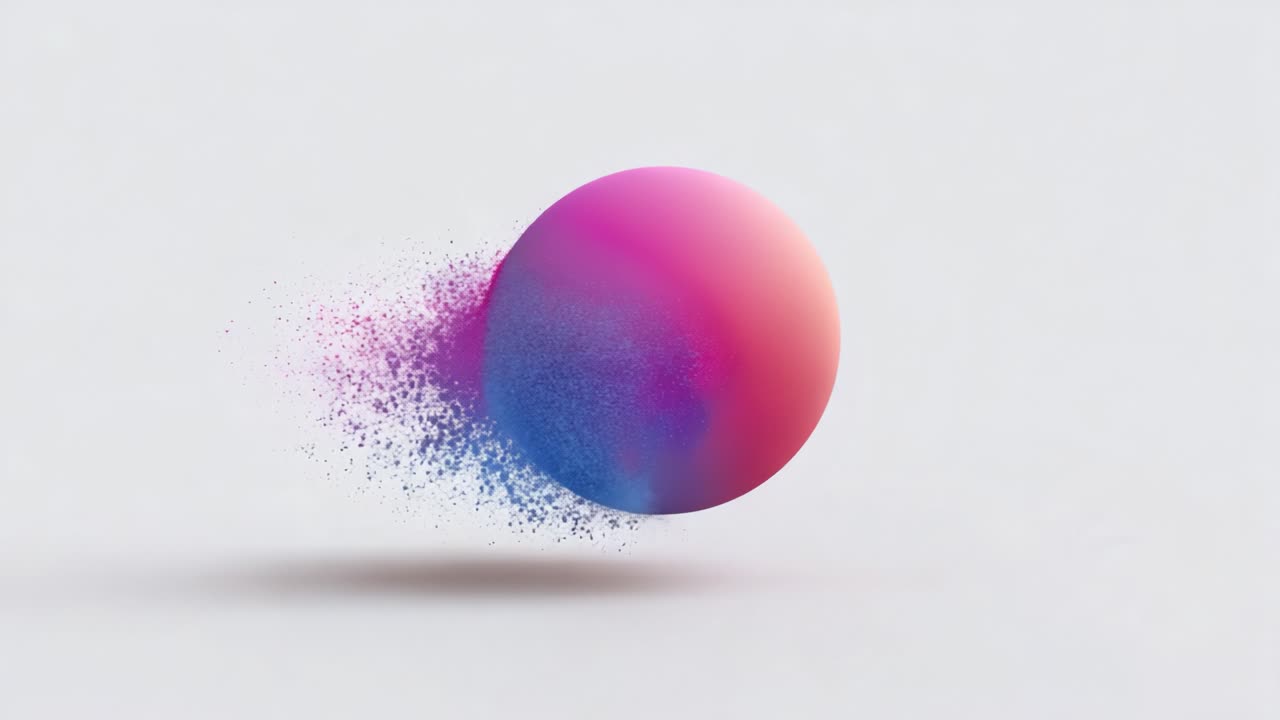 A Dynamic Colorful Sphere in Motion, Transitioning Through a Puff of Dust, Illustrating Motion and Abstract Art with Vibrant Colors Against a Subtle Background
