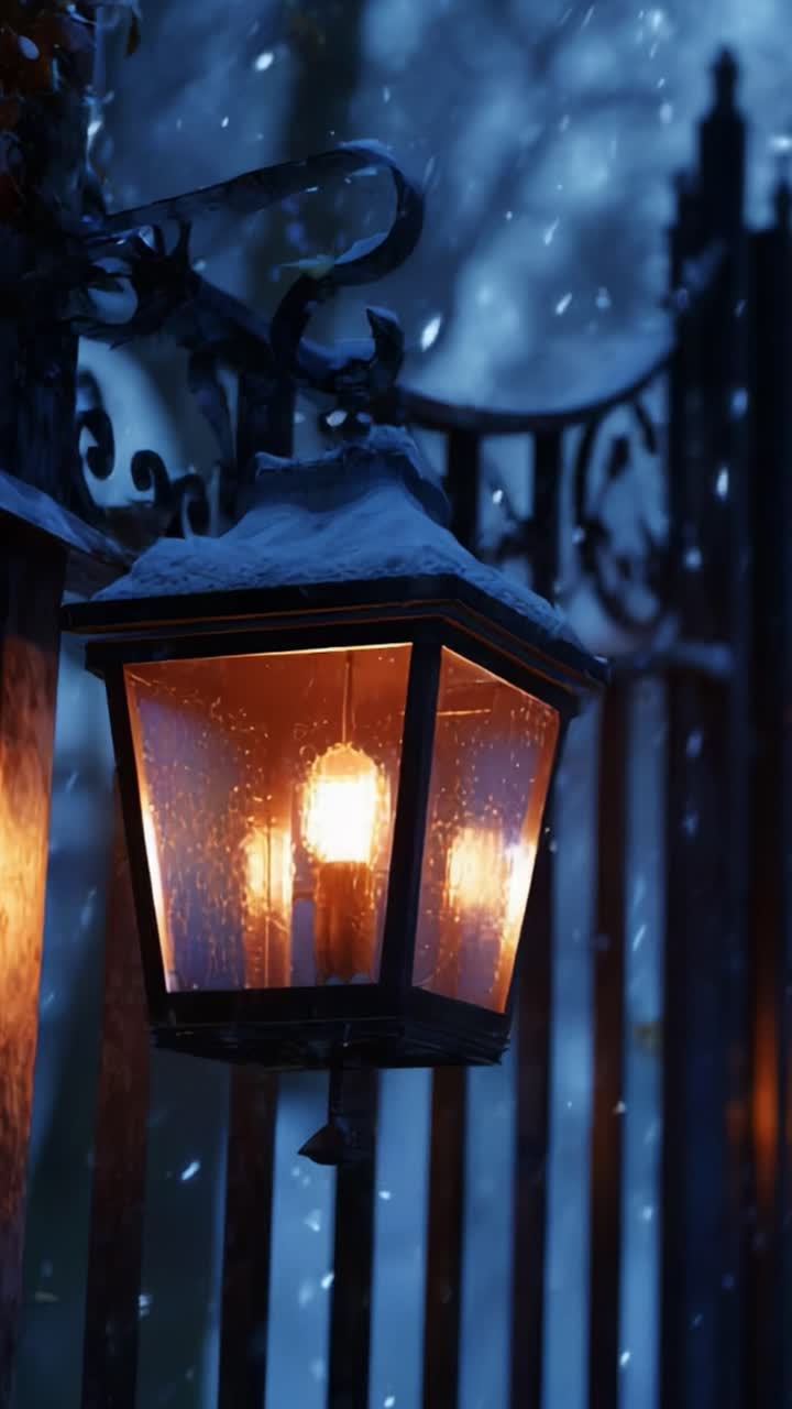 A Serene Winter Evening: The Illuminated Lantern Casts a Warm Glow Amidst Falling Snow, Surrounded by Ornate Iron Gates, Creating a Cozy Atmosphere in a Chill Night Landscape