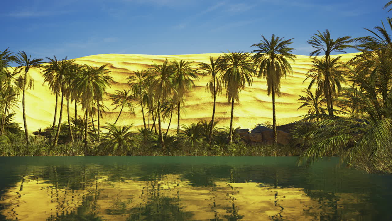 Golden sands reflect in tranquil water surrounded by lush palm trees