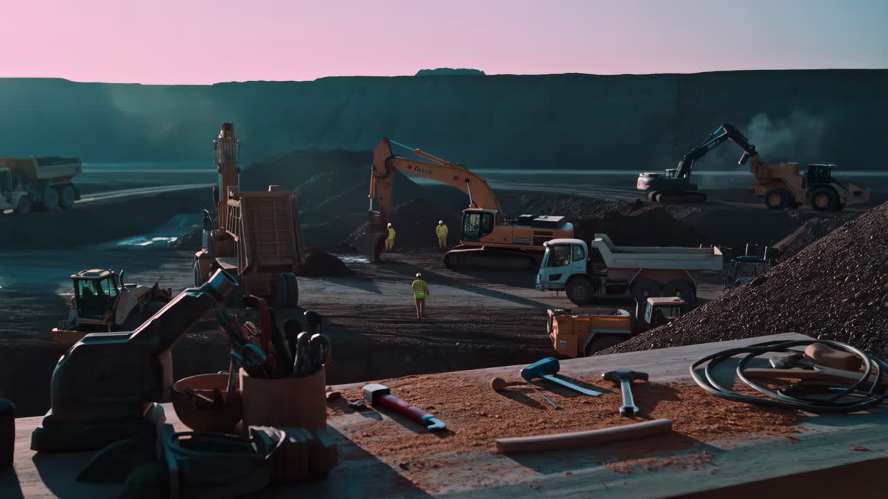 Heavy Machinery and Workers at an Industrial Mining Site with Foreground Workbench