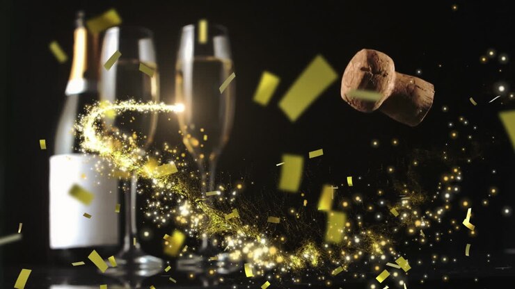 Animazione di stelle cadenti, coriandoli dorati e tappi che cadono su bottiglia e bicchieri di champagne