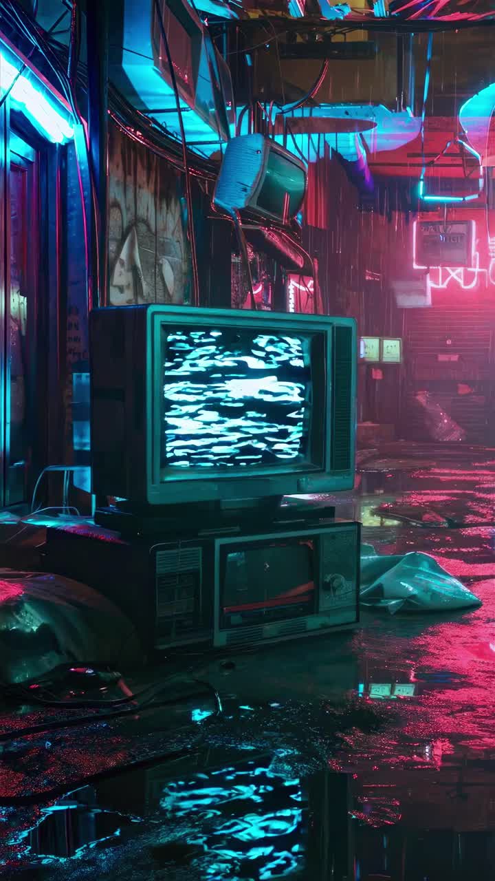 Cyberpunk scene with a vintage TV displaying a face, neon lights, and wet streets