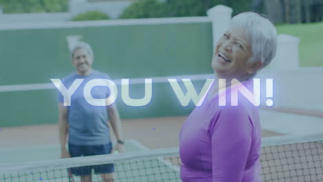 senior woman celebrating point on tennis court with animated you win overlay promoting health