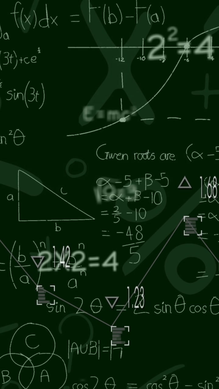Animation of data processing over mathematical equations and symbols against green background