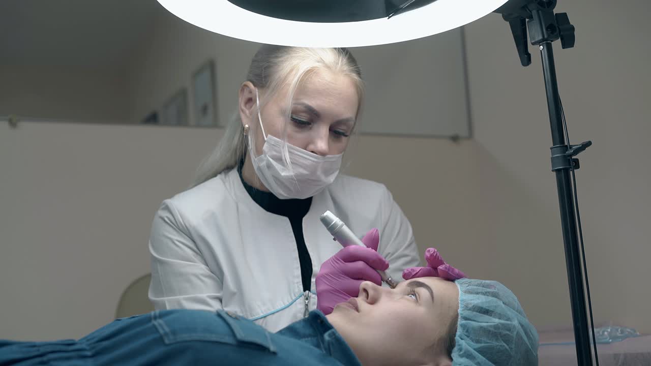 especialista de salón de belleza aplica maquillaje permanente bajo la lámpara
