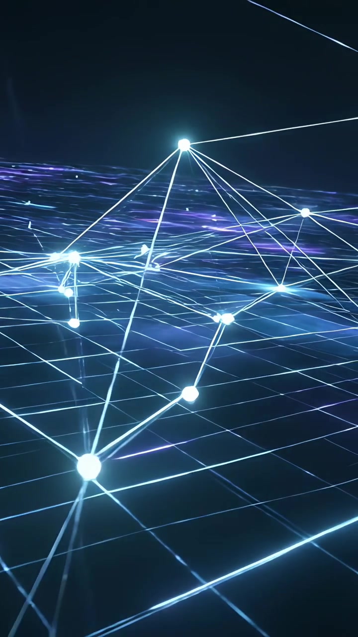 Vertical video: Shifting view showing glowing node cluster on grid plane, pulses indicating flow