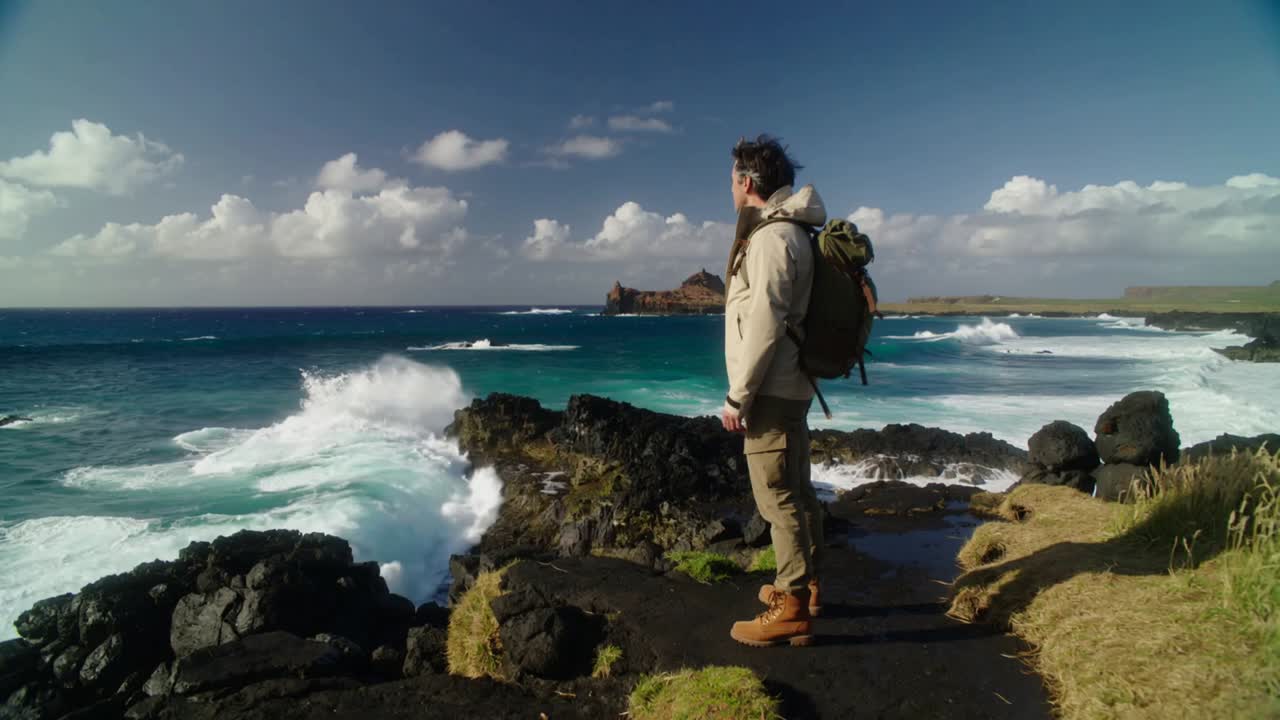 Standing hiker wearing hoodie, backpack taking in scene on rocky shore as wave crashing, copy space