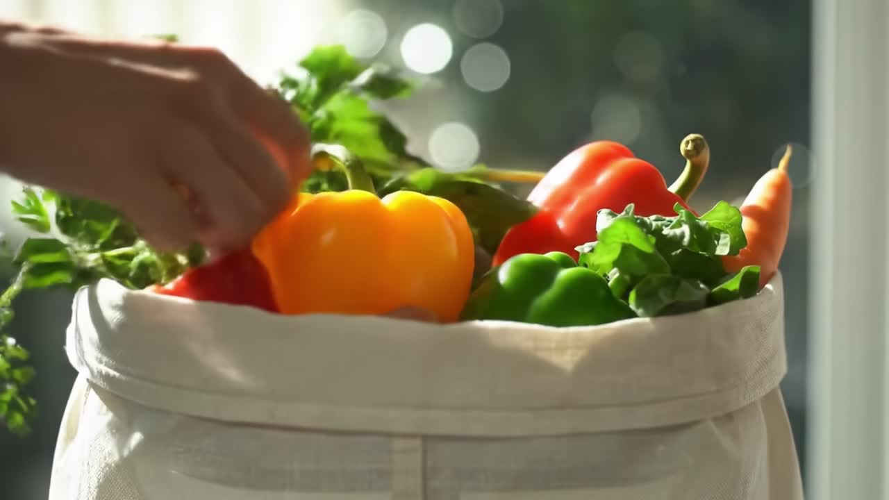Harvesting Fresh Vegetables: A Display of Colorful Bell Peppers and Green Leaves in a Sunlit Kitchen Setting