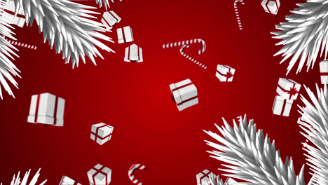 animation of gifts falling over fir trees branches on red background