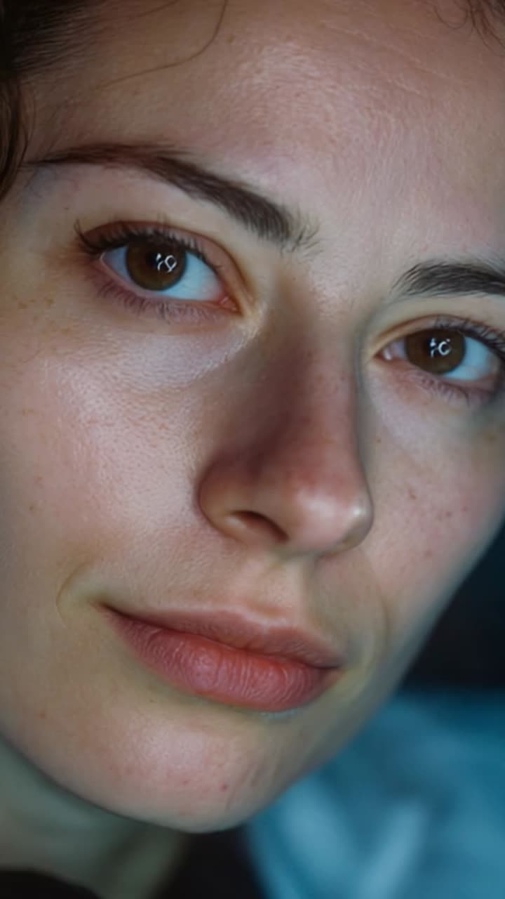 A close-up portrait of a woman with striking features, captivating brown eyes, and subtle expressions, showcasing her natural beauty and emotional intensity