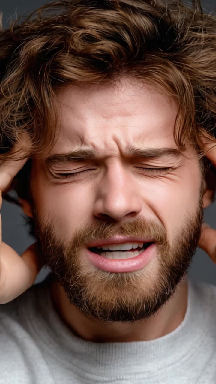 A young man experiences overwhelming stress or discomfort, visibly showing his struggle with a furrowed brow, clenched facial features, and hands gripping his head in frustration