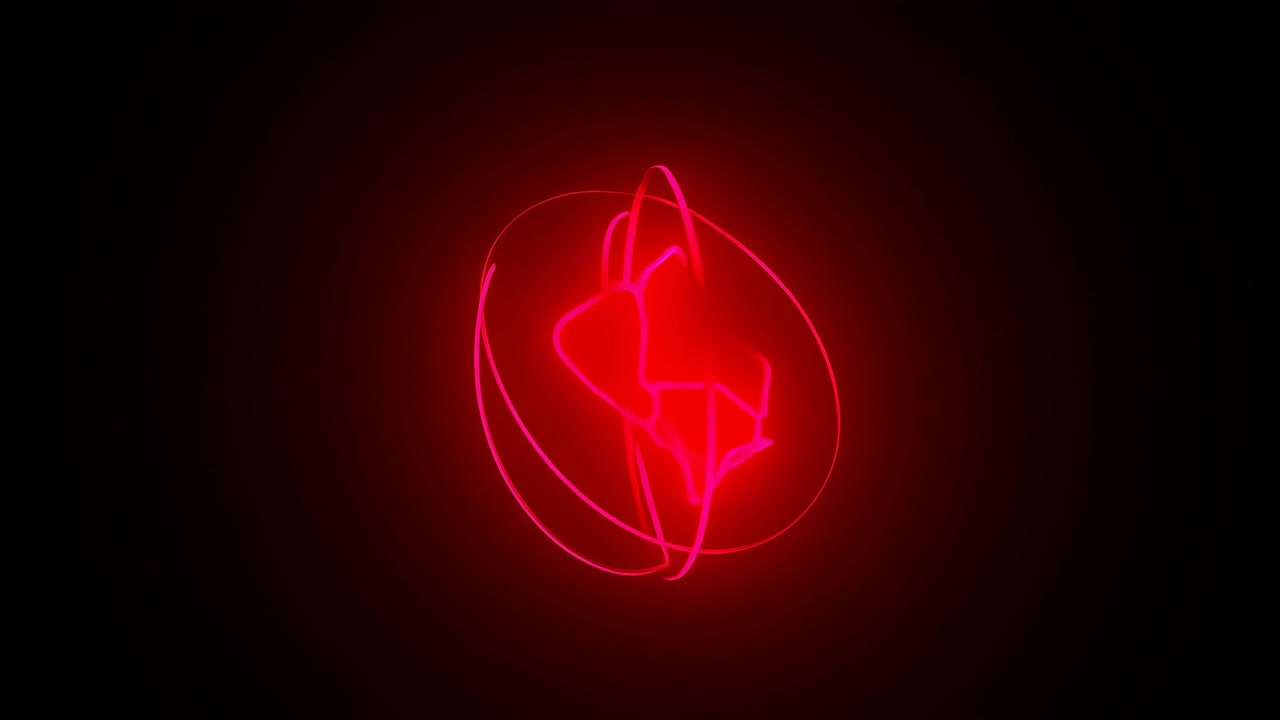 Cerchio al neon rosso incandescente centrato nell'inquadratura con arte lineare fluida astratta su uno sfondo nero scuro. Un bagliore radiale soffuso e una sottile vignettatura circondano il