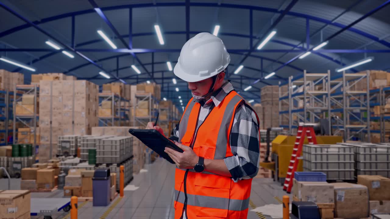 Vista laterale di un ingegnere asiatico con casco di sicurezza che prende appunti sul tablet e si guarda intorno mentre è in piedi in un ampio magazzino con file di scaffalature.