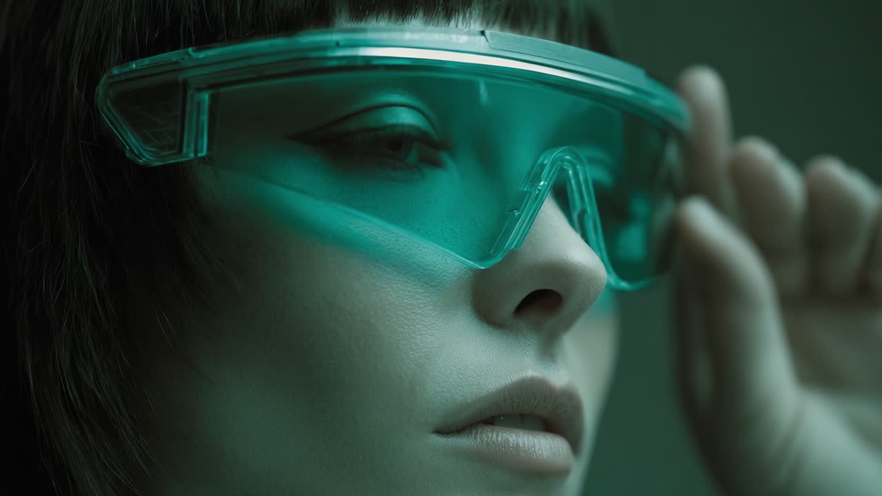 A Close-Up Portrait of a Stylish Individual Wearing Futuristic Transparent Protective Eyewear, Emphasizing a Trendy Aesthetic with Soft Lighting and Muted Tones