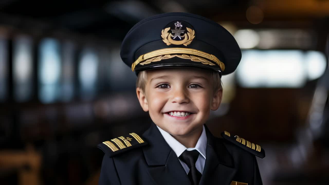 Happy child wearing a pilot uniform, smiling brightly while sitting in the cockpit of an airplane or simulator, dreaming of a future career in aviation and flight