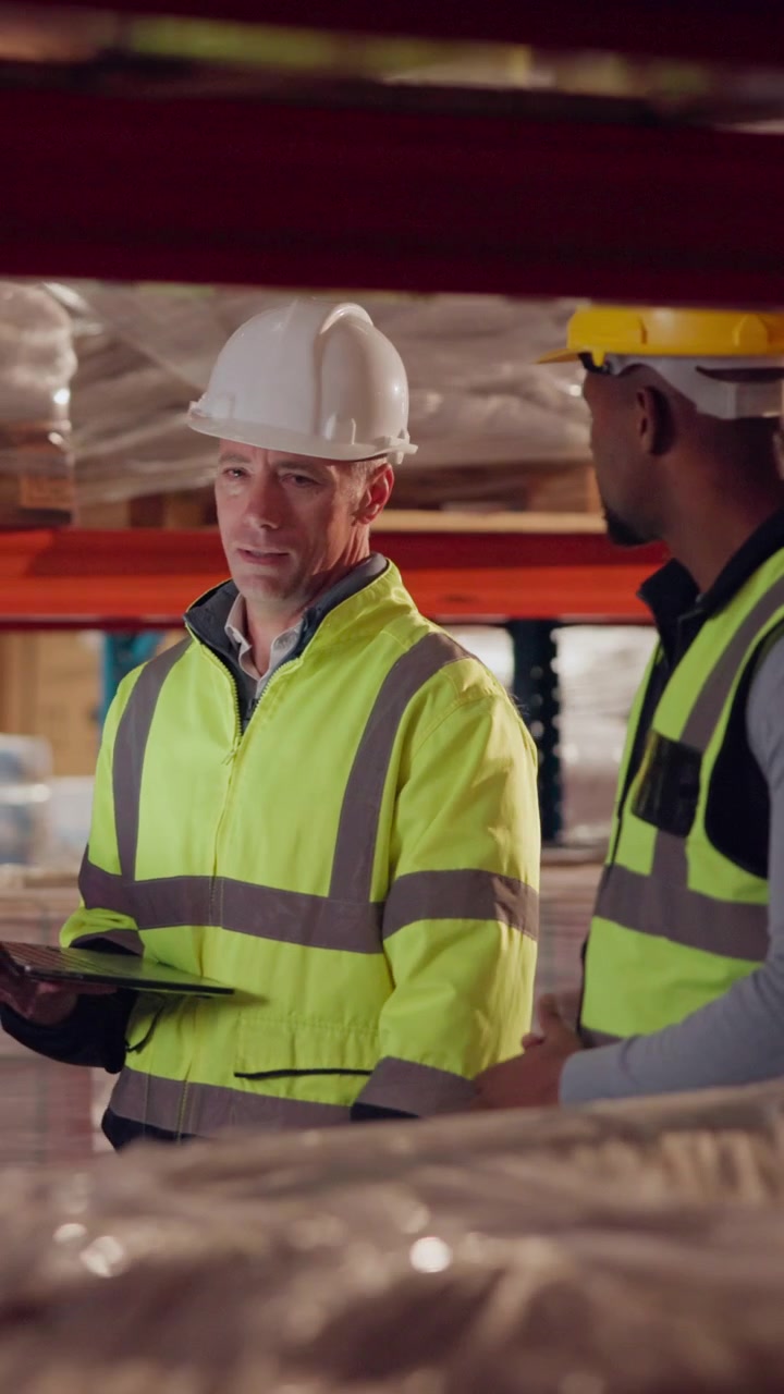 Warehouse Managers Discussing Inventory Using Laptop