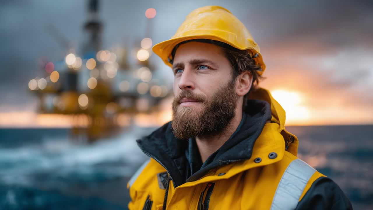 A focused worker in a yellow safety cap and jacket stands against an offshore oil rig, reflecting the challenging environment and the dedication needed in the energy industry
