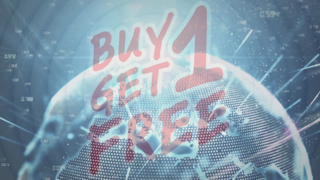 텍스트의 애니메이션: 1을 구입하고 1을 무료로, 는 별과 함께 회전하는 지구에서, 밤 하늘에서