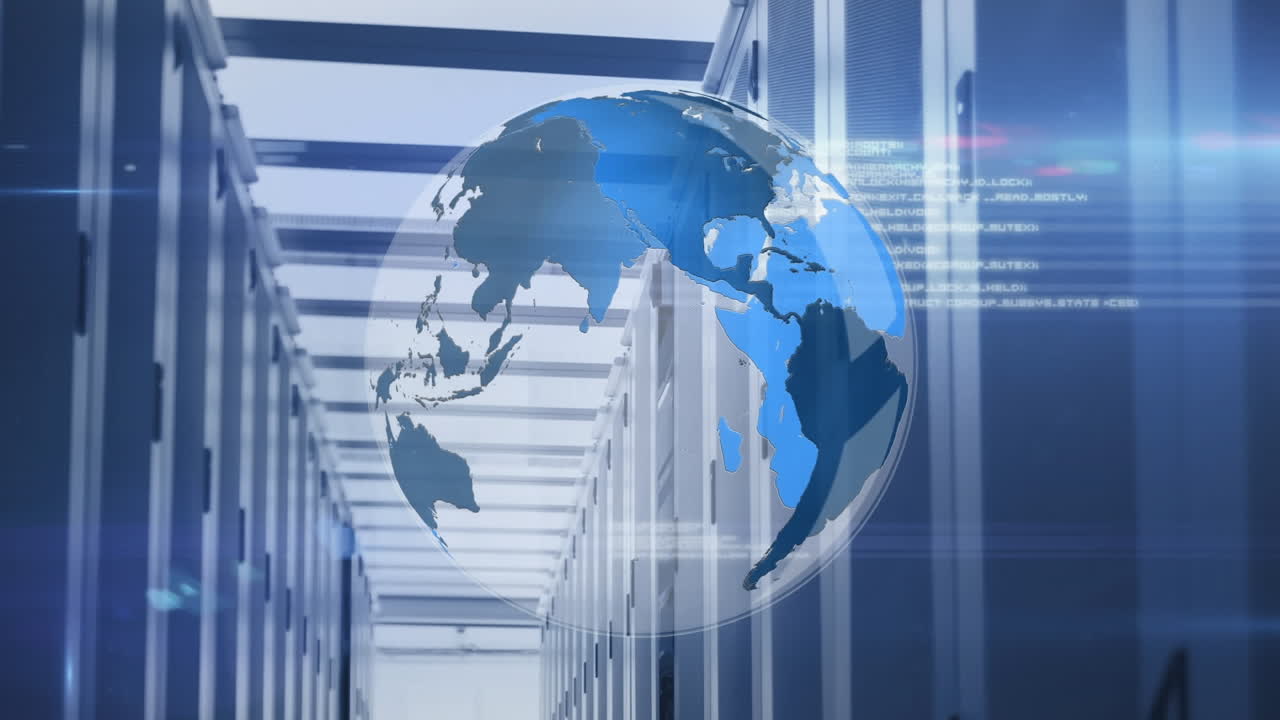 컴퓨터 서버 방에 대한 회전하는 지구, 데이터 처리 및 빛의 스 ⁇ 의 애니메이션