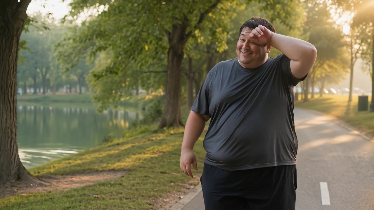 Uomo taglia forte che fa jogging lungo un sentiero lastricato in un parco accanto a un lago calmo
