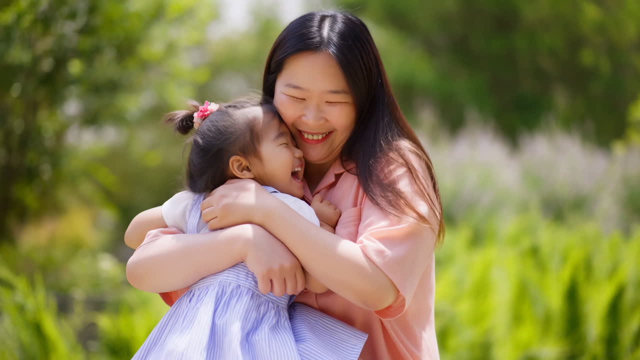 Happy Asian Mother and Daughter Hugging and Laughing Outdoors