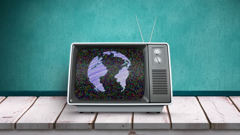 animation of vintage tv with globe on green background