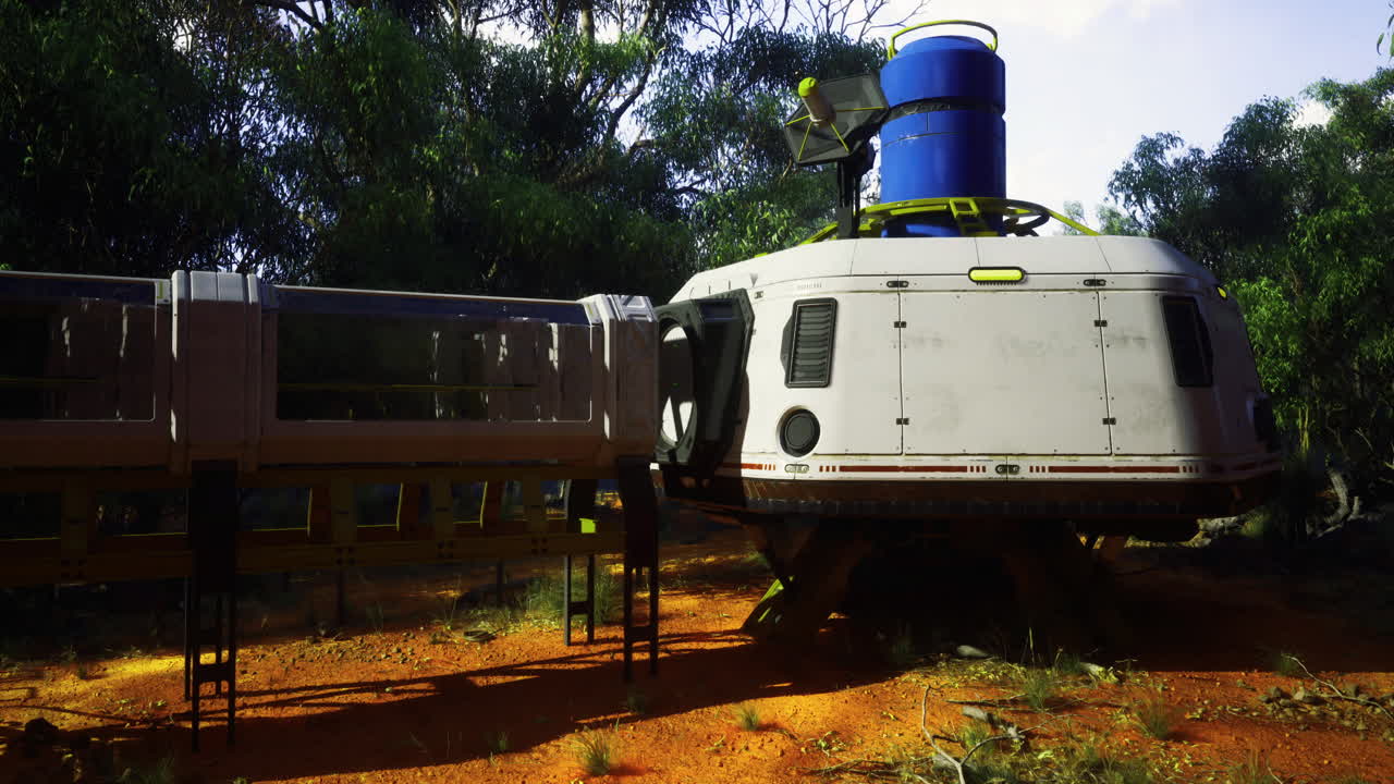 A futuristic spacecraft rests among lush greenery in a vibrant forest