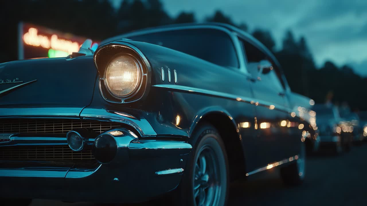 Ein atemberaubendes Oldtimer-Automobil, das klassisches Design und wunderschöne Chromakzente unter dem Abendhimmel bei einer nostalgischen Autoausstellung präsentiert