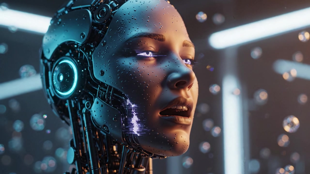 Volto di Robot Futuristico con Occhi Luminosi e Goccioline d'Acqua, che Cattura l'Essenza della Robotica Avanzata e delle Espressioni Simili a Quelle Umane in un Ambiente ad Alta Tecnologia.