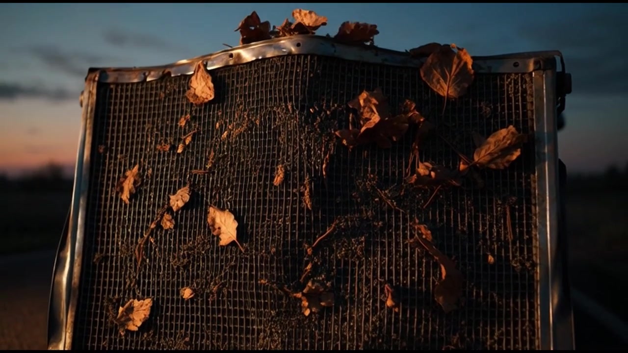 Dry Autumn Leaves Stuck on Car Radiator Grille at Sunset