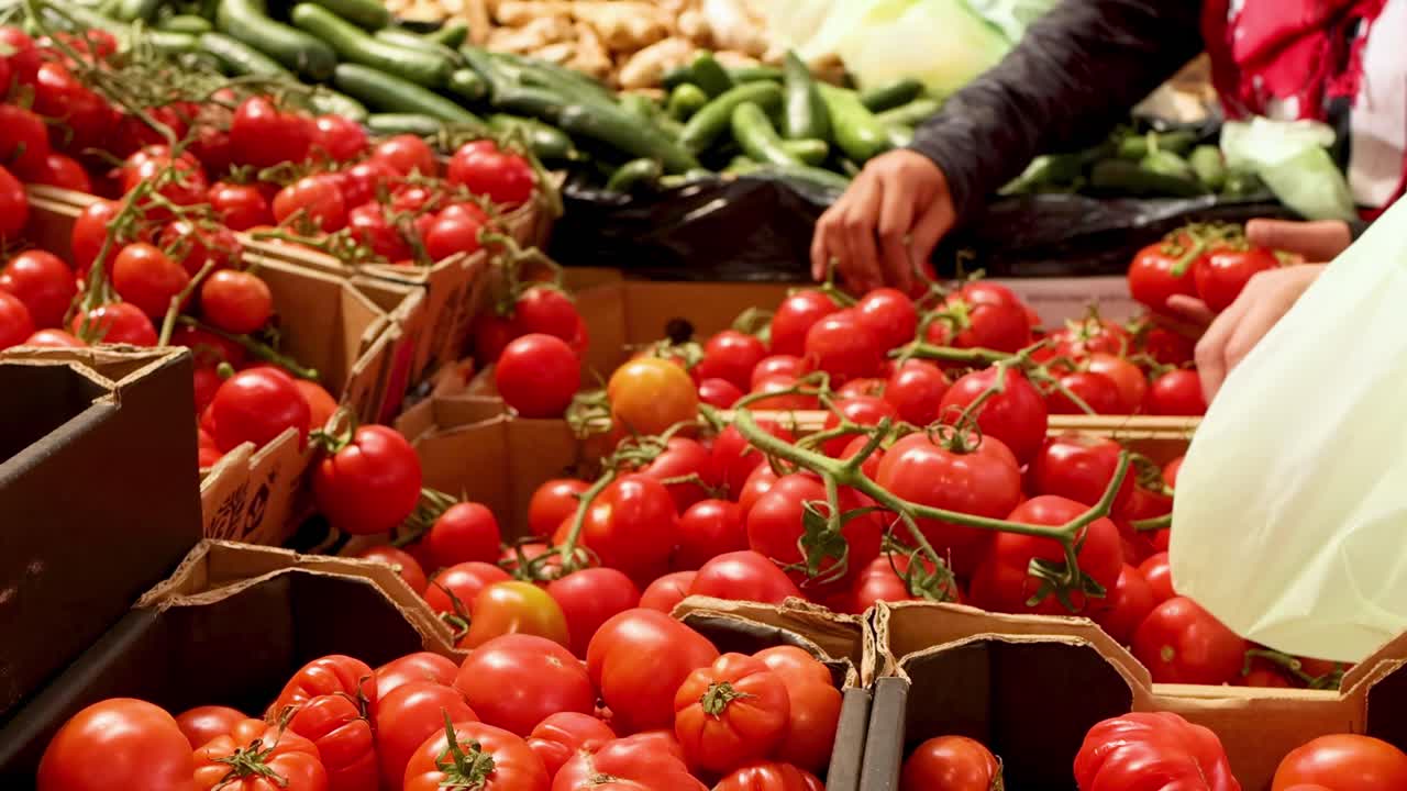 Close-up of a hand selecting ripe tomatoes from a market stall, surrounded by fresh produce.
