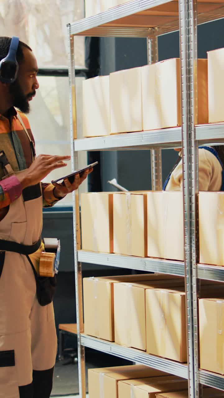 Vertical video: Young depot worker listening to music using tablet
