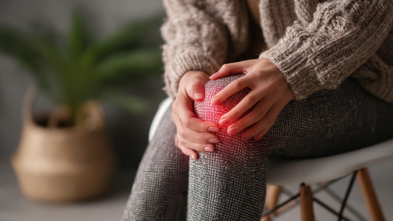 A close-up shot of a person sitting and holding their knee, indicating discomfort or pain, with a soft, cozy interior background highlighting a sense of care and attention