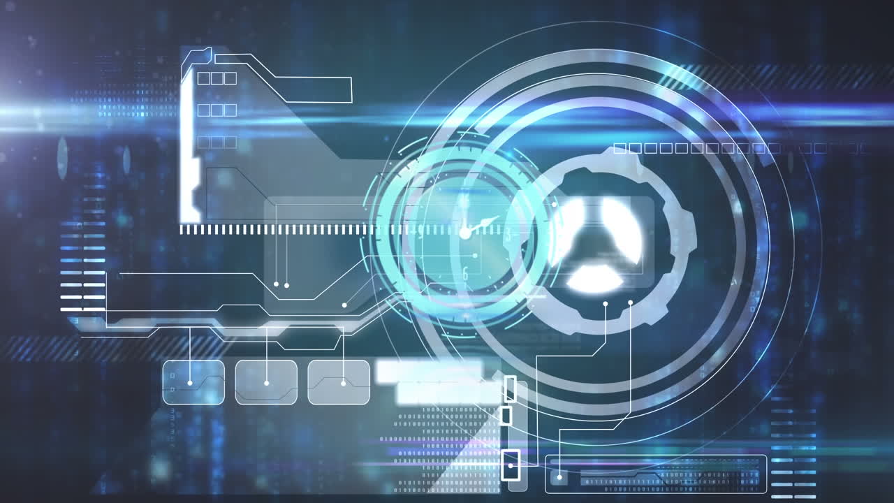 animación de reloj moviéndose rápido y procesamiento de datos con alcance sobre la pantalla