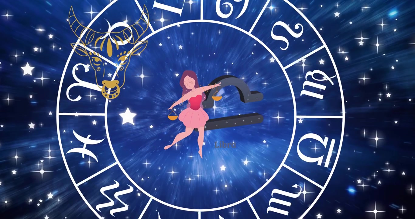 Animazione dei segni zodiacali Toro e Bilancia su un segno zodiacale rotante e cieli su sfondo blu.