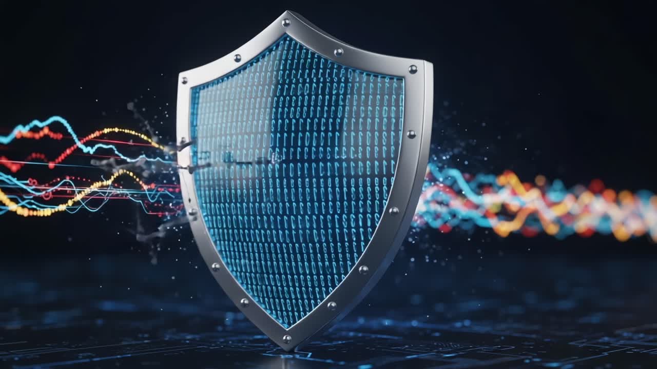 Digital Shield Protecting Data with Binary Code Flowing Through It, Symbolizing Cybersecurity and Modern Protection Against Virtual Threats