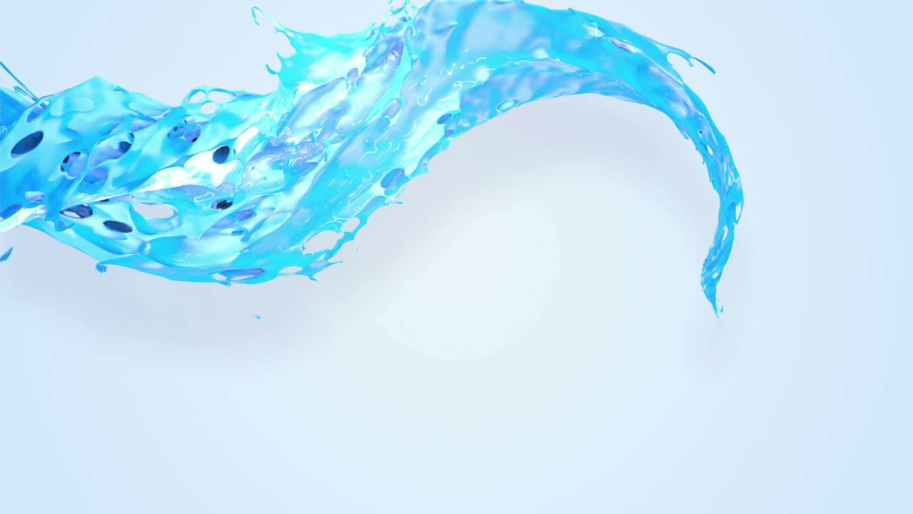 4k 블루 스플래쉬는 카메라를 느린 동작으로 지나가며, 액체 아래의 배경을 간단하게 대체하기 위해 알파 채널로 루마 매트를 가진 3d 애니메이션.