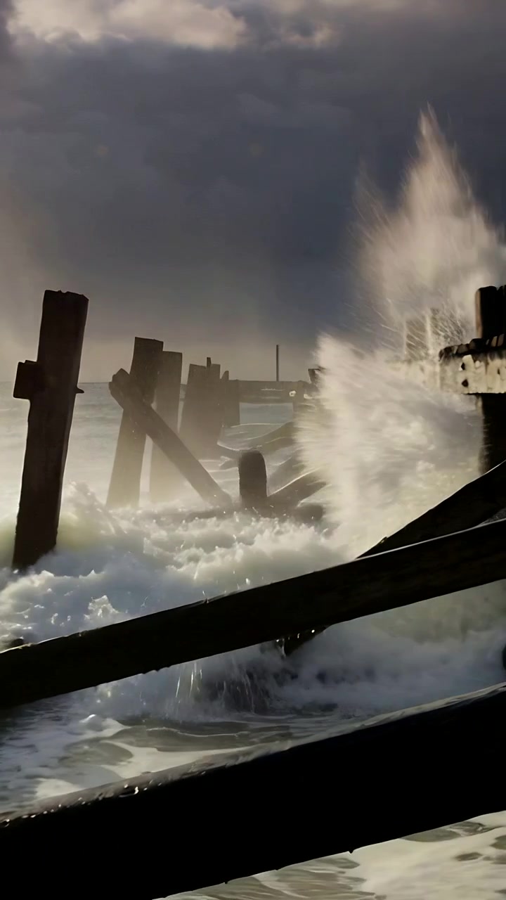 Video verticale: Onde tempestose che si infrangono contro pali rovinati sulla costa, sollevando alti spruzzi.