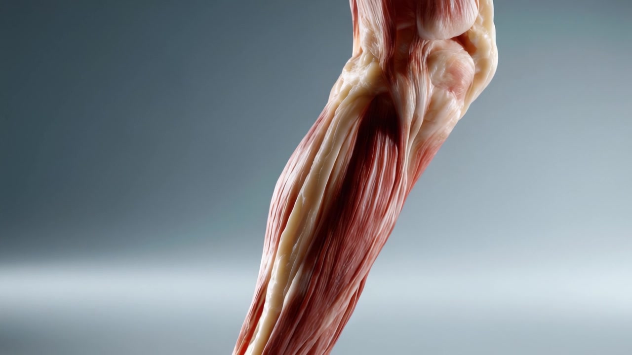 Detaillierte anatomische Visualisierung der menschlichen Muskulatur, die längliche Skelettmuskeln und Gewebestrukturen in dynamischen Posen für Bildungszwecke zeigt.