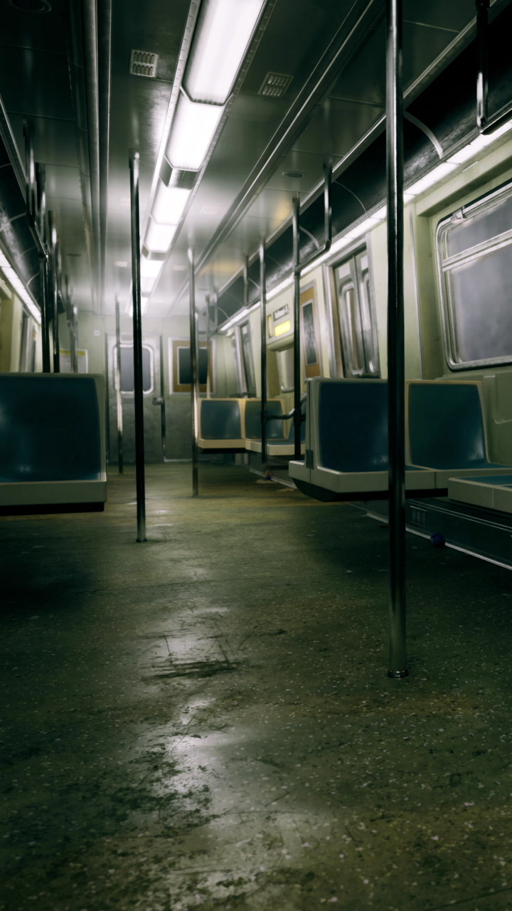 Empty Subway Car Interior with Fluorescent Lights at Night