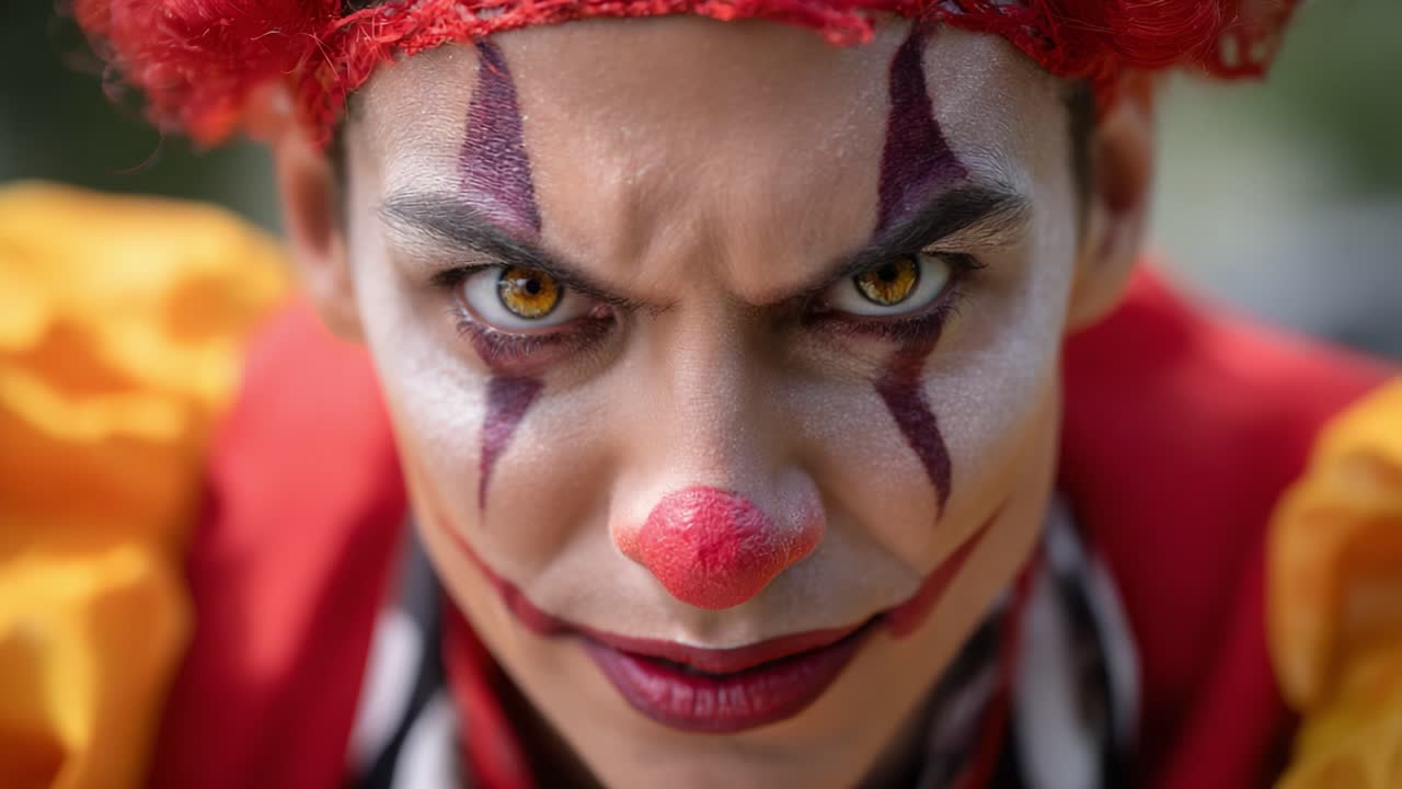 Intense Clown Portrait: A Close-Up of a Performer with Clown Makeup and a Fierce Expression, Displaying Unique Features and Bright Colors in an Engaging Scene
