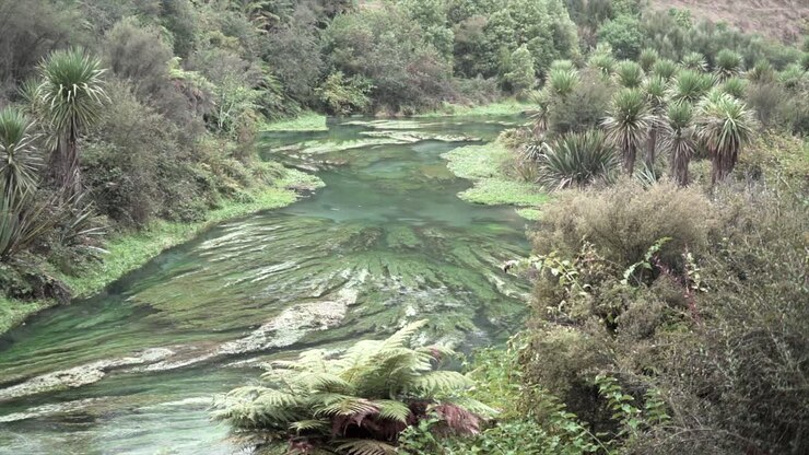 Paesaggio fluviale suggestivo con vegetazione rigogliosa