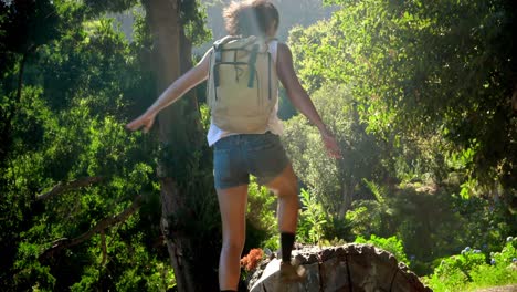 mujer caminando en un tronco en el parque