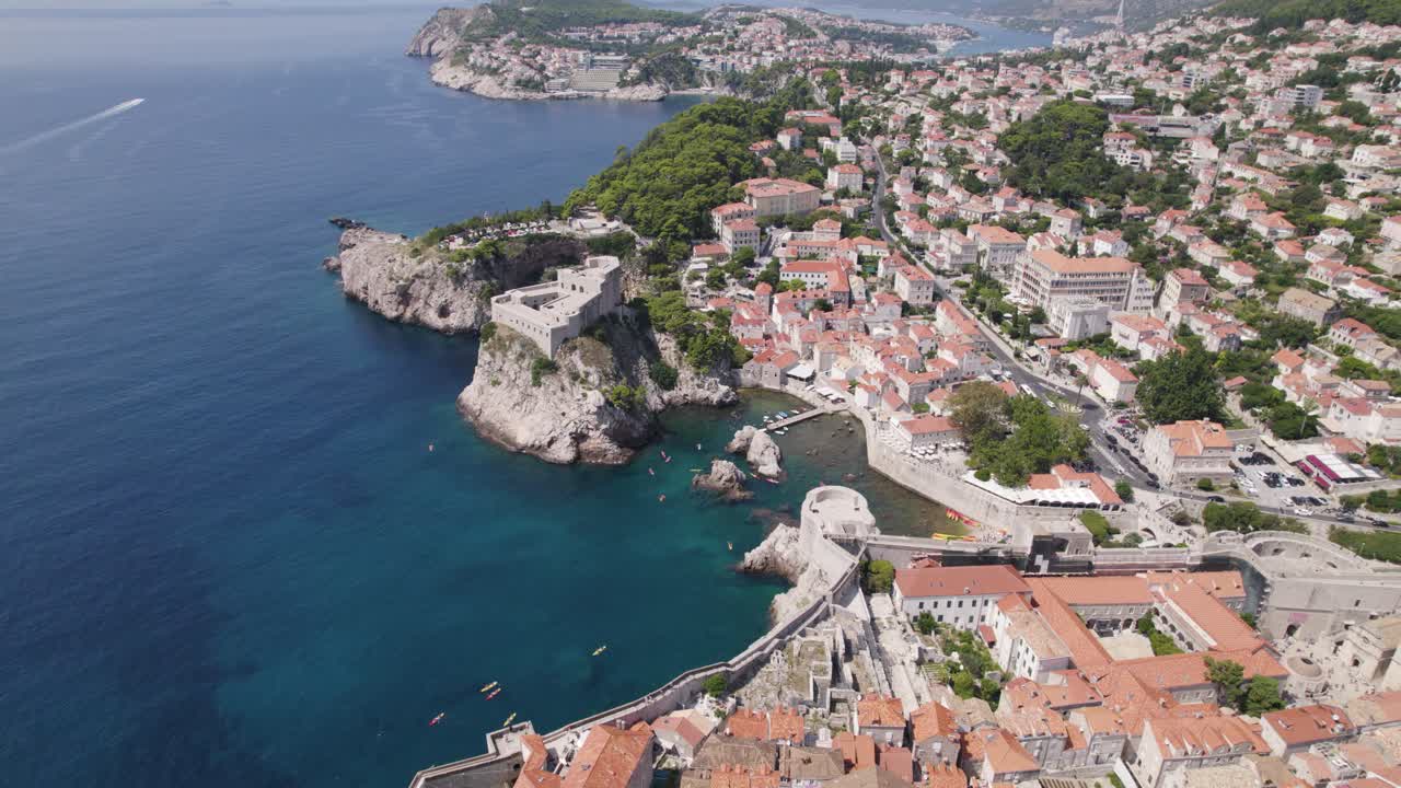 Dubrovnik's West Harbour: Aerial of coastal old town and Adriatic Sea