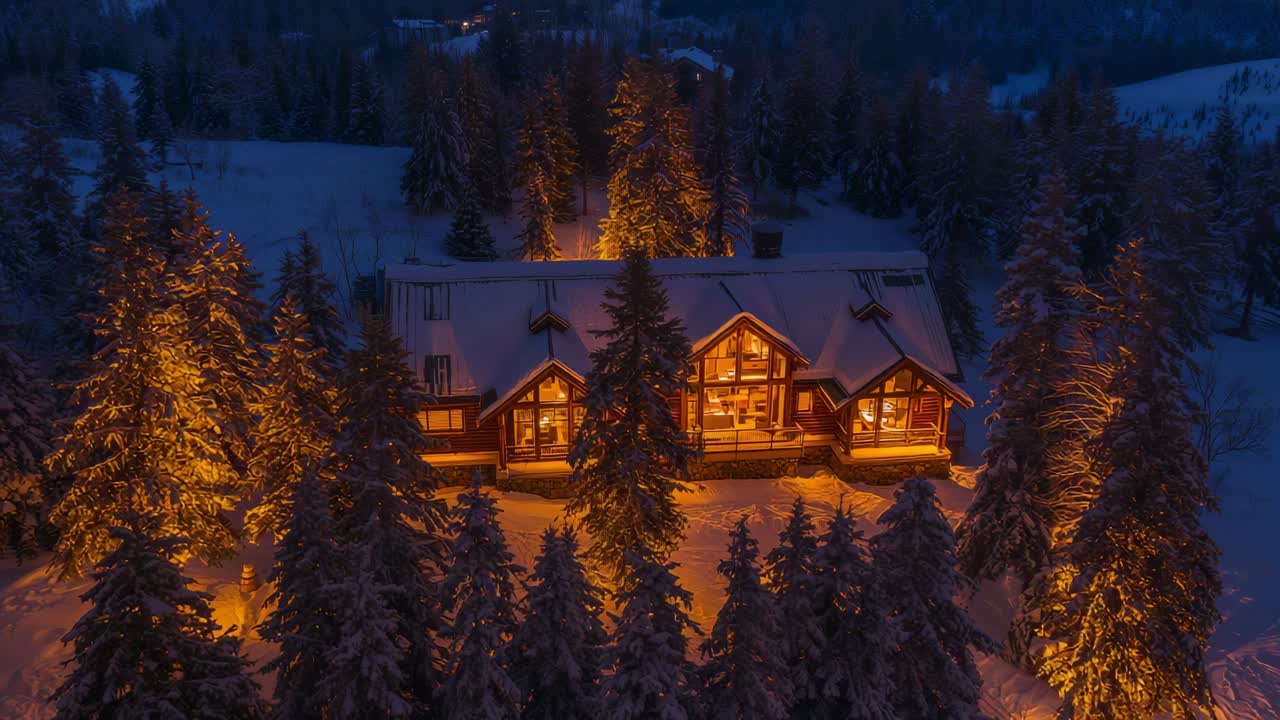 Un drone décolle, prend de l’altitude et se retire au-dessus d’une clairière enneigée, révélant un chalet chaleureux.